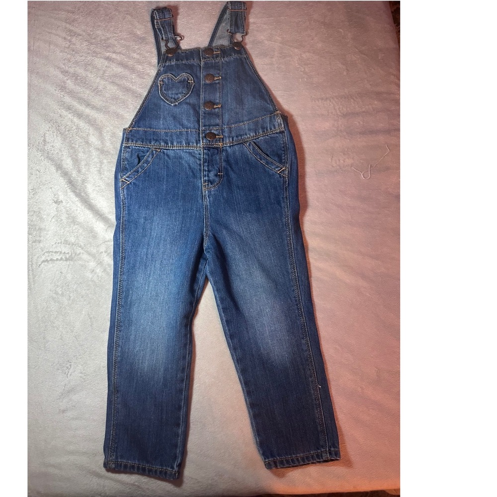 OshKosh Bgosh Kids Denim Overalls Blue Heart Bib Medium Wash Straight Leg 4/5T